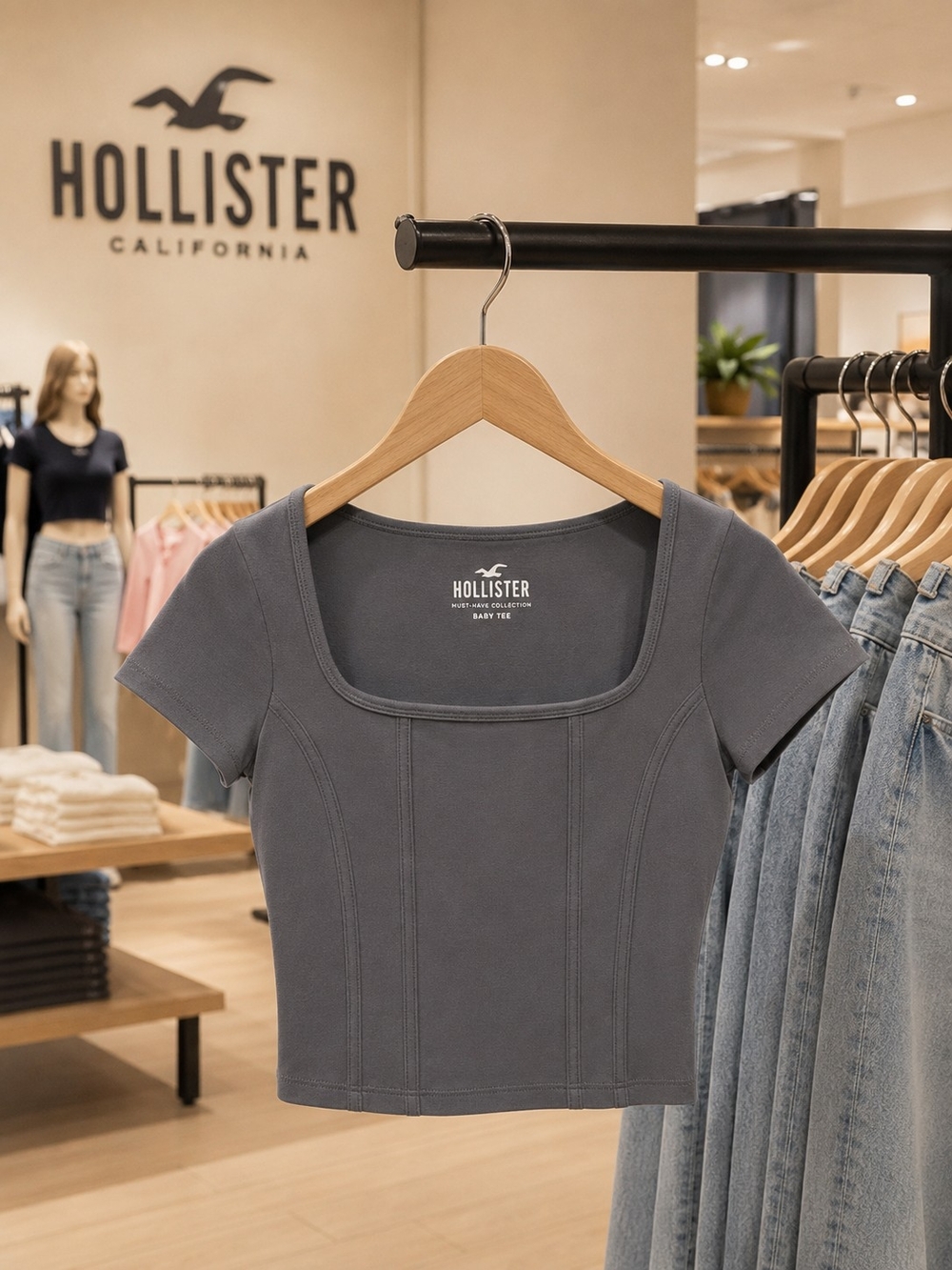 Hollister Slate Gray Square-Neck Crop Tee